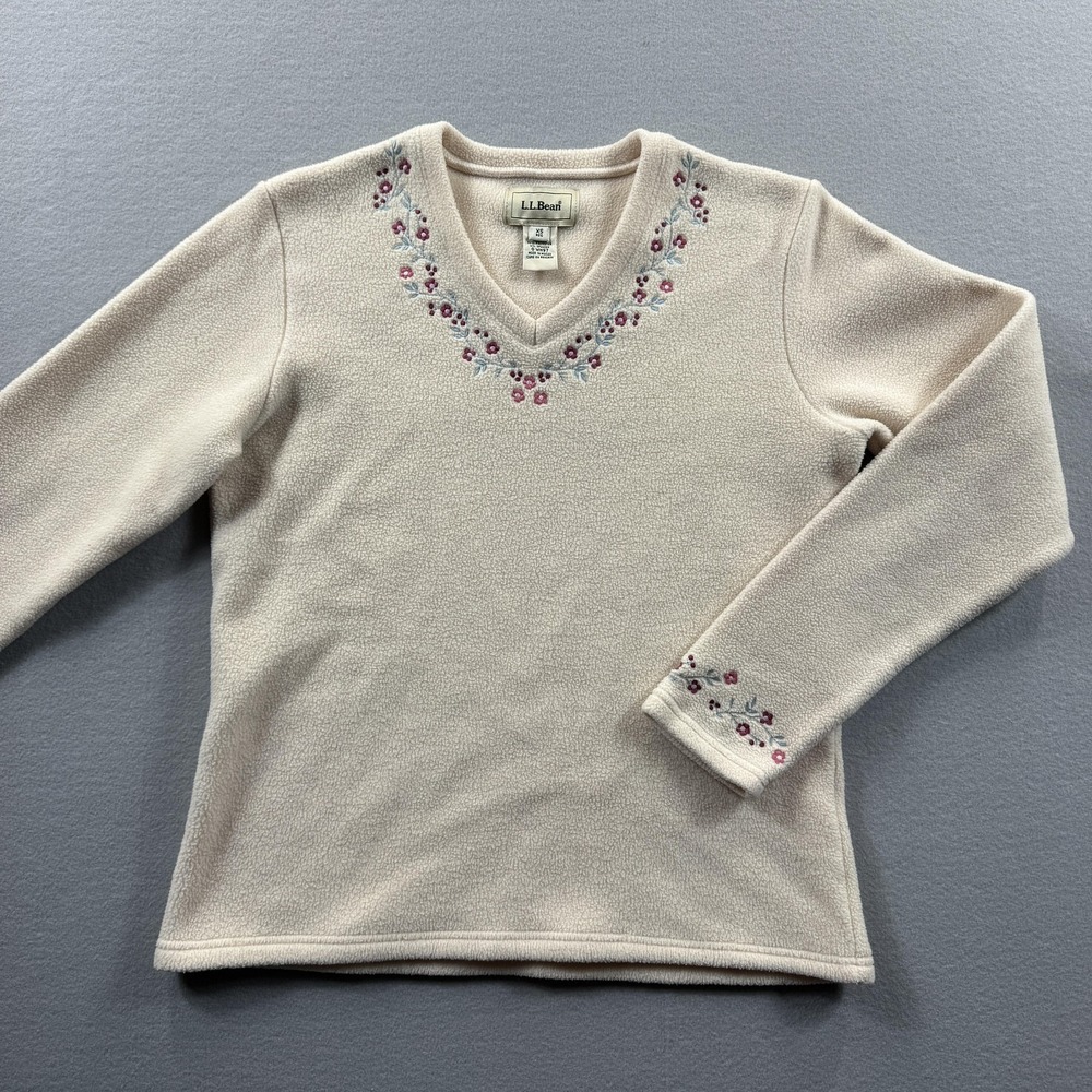 L.L. Bean Sweater Womens XS White Fleece V Neck Floral Embroidered Knit